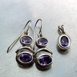 Sterling silver and amethyst earrings and pendant